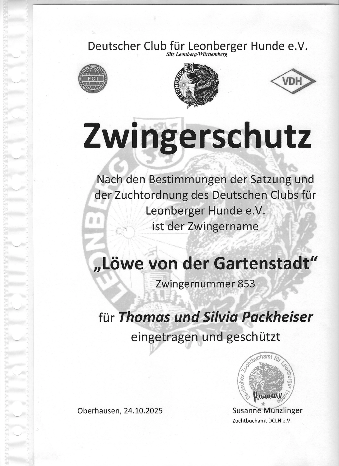 Silvia Packheiser - Hundezucht - Zertifikat